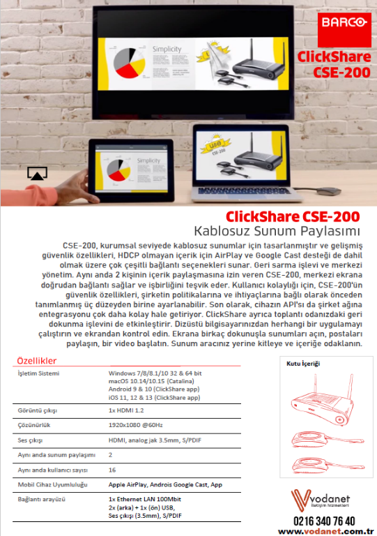 Barco ClickShare CSE-200 Kablosuz Sunum Cihazı, Kablosuz Görüntü Transfer Cihazı