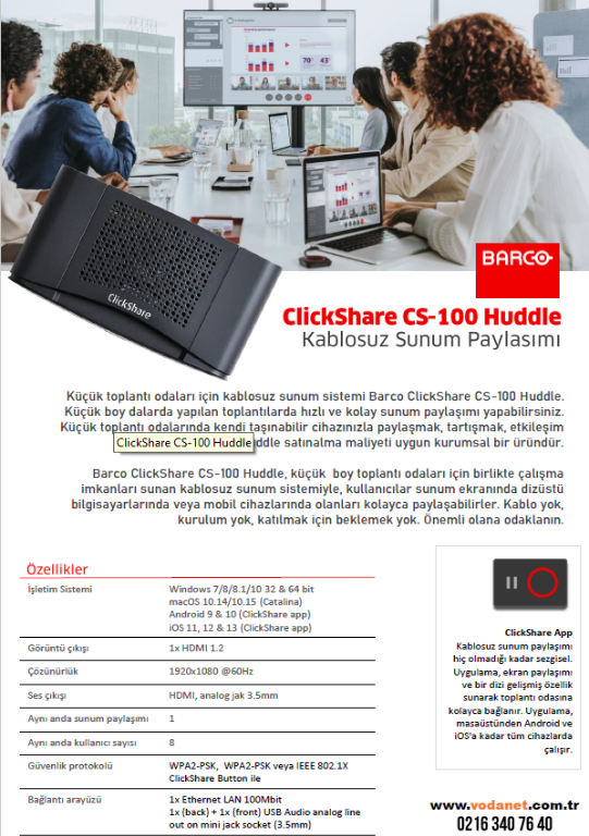 Barco ClickShare CS-100 Huddle Kablosuz Sunum Cihazı, Kablosuz Görüntü Transfer Cihazı